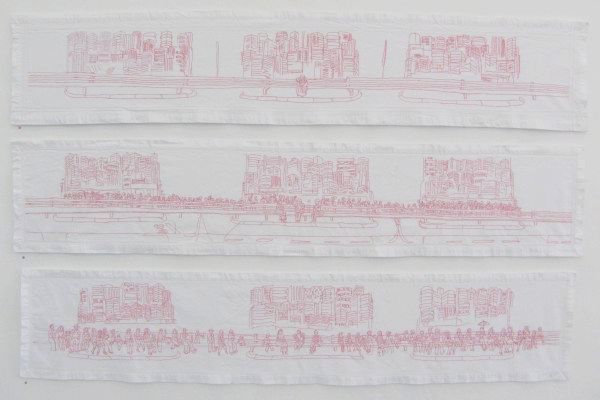 Click the image for a view of: Sarah, Theodorah and Senzeni in Johannesburg I, II & III. 2011. Cotton thread on fabric. 393X2040 each. Installation view