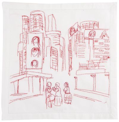 Click the image for a view of: Visit to Johannesburg I. 2011. Cotton thread on fabric. 500X480mm