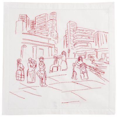 Click the image for a view of: Visit to Johannesburg III. 2011. Cotton thread on fabric. 500X480mm