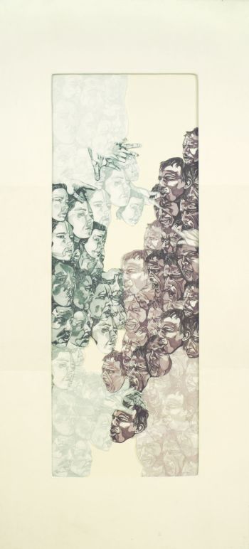 Click the image for a view of: Position/Opposition. 2011. Artist book installation 3. Drypoint, letterpress, etching & aquatint, lithograph and drawing on Thai mulberry paper & muslin. 2,3m highX1,2mX10m