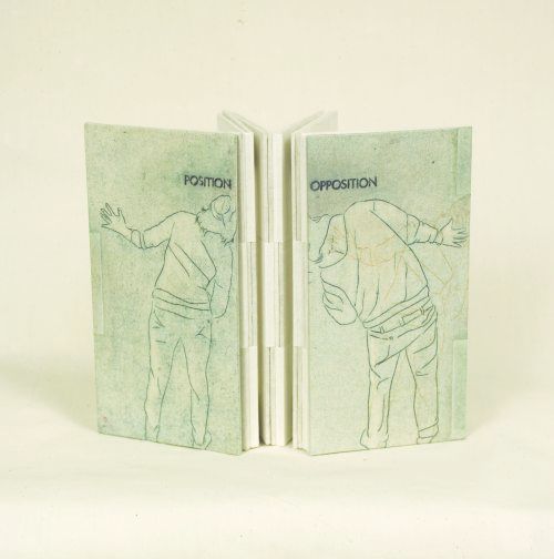 Click the image for a view of: Miniature version of the large book. 2011. Drypoint, letterpress, photopolymer etching, and drawing on Thai mulberry paper and muslin. Edition 4. 190X102X813mm (open)