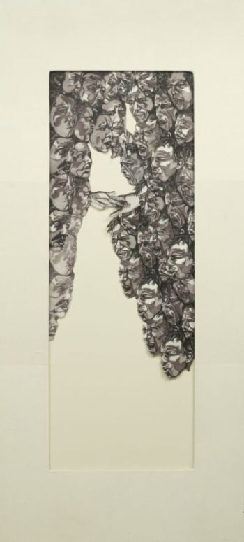 Click the image for a view of: Position/Opposition. 2011. Artist book installation 4. Drypoint, letterpress, etching & aquatint, lithograph and drawing on Thai mulberry paper & muslin. 2,3m highX1,2mX10m