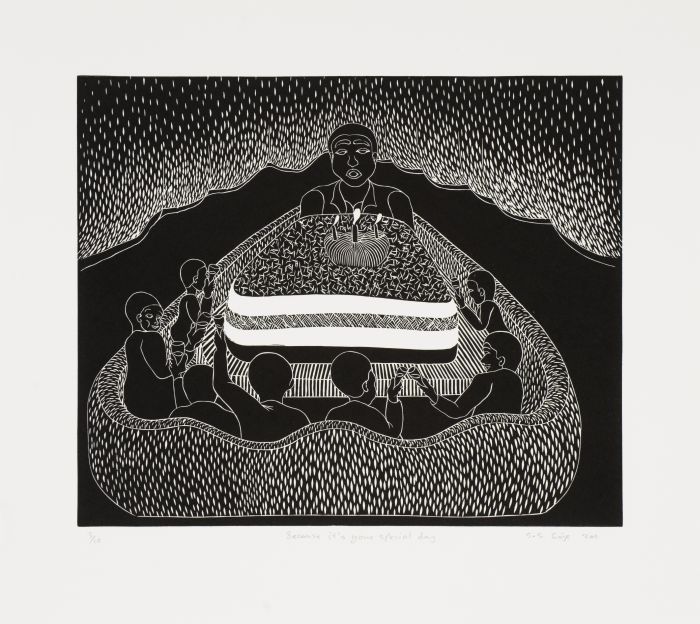 Click the image for a view of: Sandile Goje. Because it's your special day. 2011. Linocut. Edition 10. 354X390mm