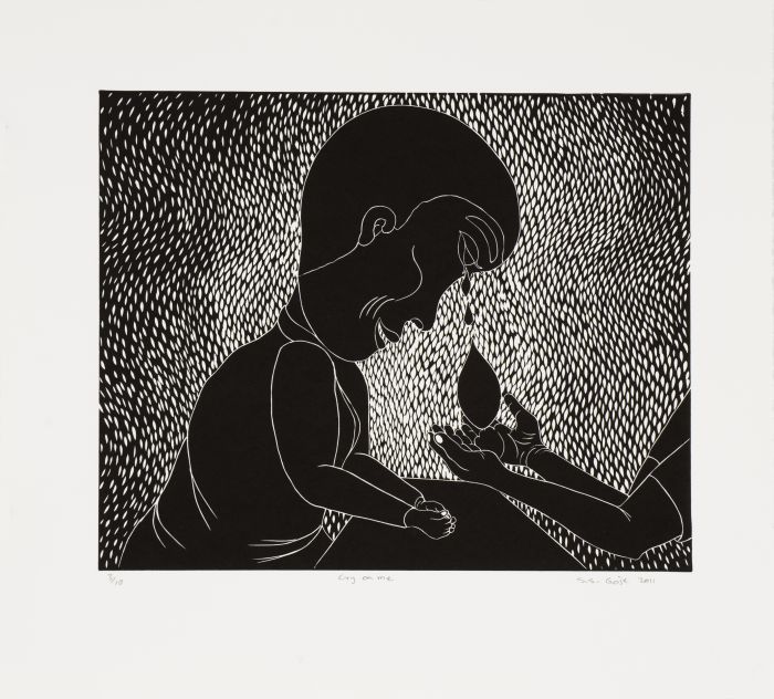 Click the image for a view of: Sandile Goje. Cry on me. 2011. Linocut. Edition 10. 354X390mm