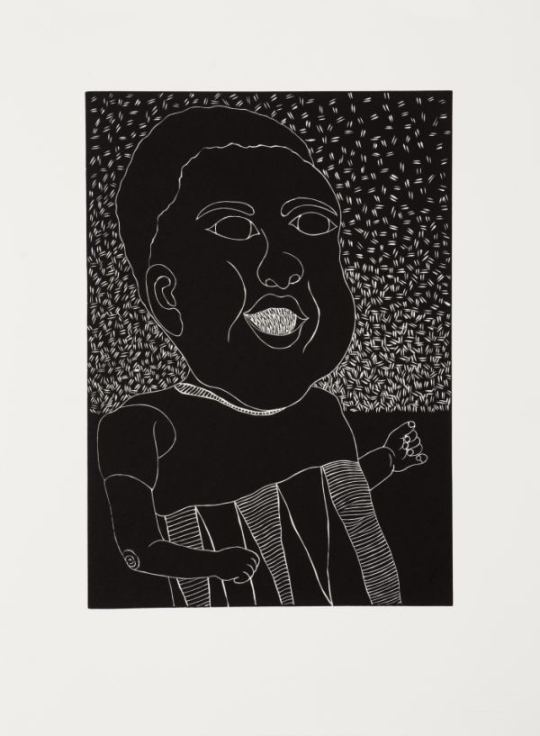Click the image for a view of: Sandile Goje. Here I come mama. 2011. Linocut. Edition 10. 355 X 406mm