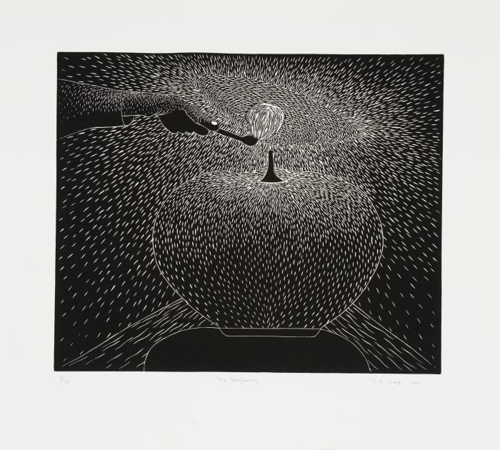 Click the image for a view of: Sandile Goje. The beginning. 2011. Linocut. Edition 10. 354X390mm
