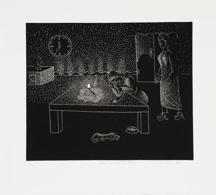 Click the image for a view of: Sandile Goje. Dinner for two at 7pm. 2011. Linocut. Edition 10. 354X390mm