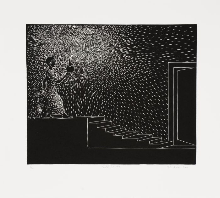 Click the image for a view of: Sandile Goje. Trust in me. 2011. Linocut. Edition 10. 354X390mm