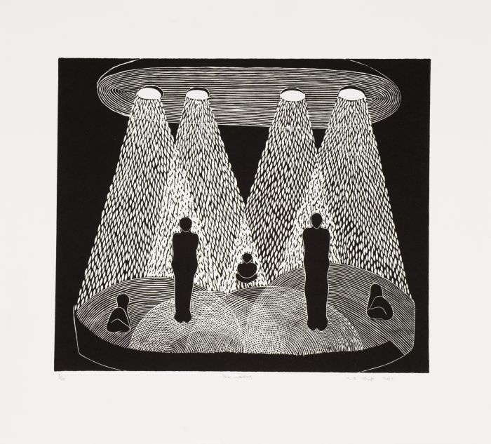 Click the image for a view of: Sandile Goje. The waiting. 2011. Linocut. Edition 10. 354X390mm