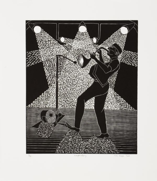 Click the image for a view of: Sandile Goje. Legendary. 2011. Linocut. Edition 10. 420 X 320mm