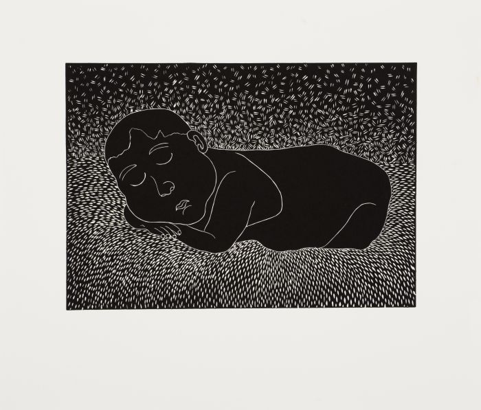 Click the image for a view of: Sandile Goje. What is life without me, a baby. 2011. Linocut. Edition 10. 354X390mm