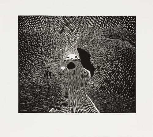 Click the image for a view of: Sandile Goje. Peace of mind. 2011. Linocut. Edition 10. 354X390mm