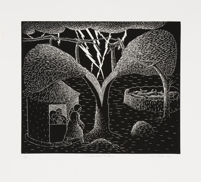 Click the image for a view of: Sandile Goje. I only heard a bang. 2011. Linocut. Edition 10. 354X390mm