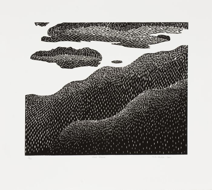 Click the image for a view of: Sandile Goje. Out there. 2011. Linocut. Edition 10. 354X390mm