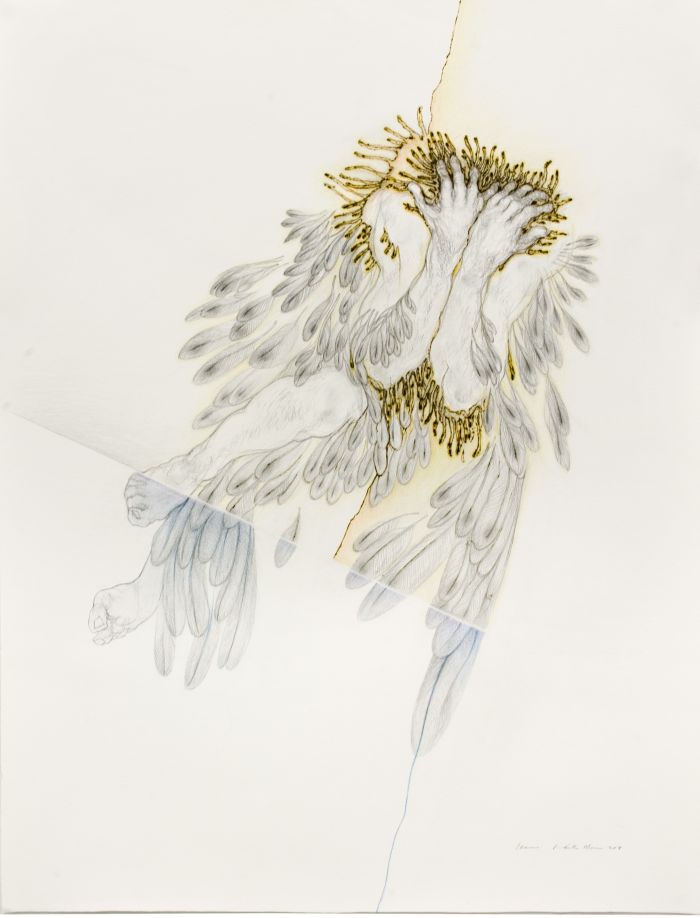 Click the image for a view of: Icarus.  2011. Pencil, coloured pencil and burning with soldering iron. 1220X930mm