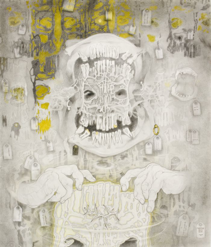 Click the image for a view of: MOUTHPIECE- ARTIST AKA SACRED SHROUD SELLER. 2011. Pencil, coloured pencil and gold leaf on paper. 1220X1036mm