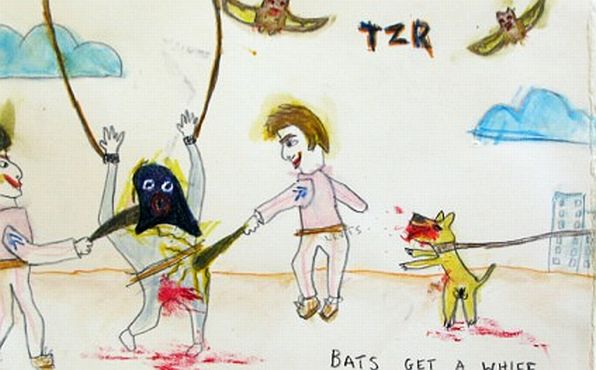Click the image for a view of: Willie Saayman. BATS GET A WHIFF. 2011. Watercolour, pencil on paper. 125X205mm