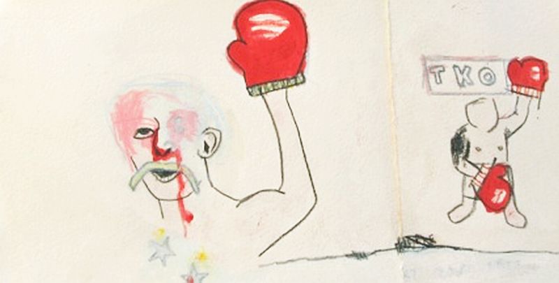 Click the image for a view of: Willie Saayman. TKO. 2011. Watercolour, pencil on paper. 126X240mm