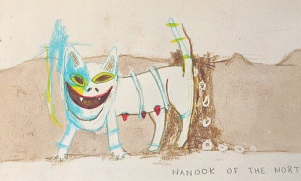 Click the image for a view of: Willie Saayman. NANOOK OF THE NORTH. 2011. Watercolour, pencil, coloured pencil on paper. 125X205mm