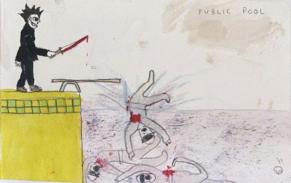 Click the image for a view of: Willie Saayman. PUBLIC POOL. 2011. Oil paint, coloured pencil on paper. 125X205mm