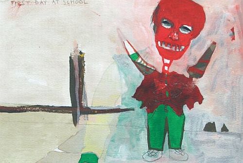 Click the image for a view of: Willie Saayman. First day at school. 2011. Oil paint, pencil on paper. 187 X 276mm