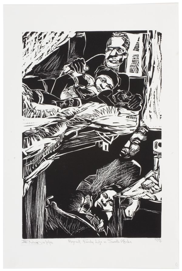 Click the image for a view of: Nhlanhla Xaba. Migrant family life in South Afrika. 1996. Linocut. 5/7 AP. 586X378mm