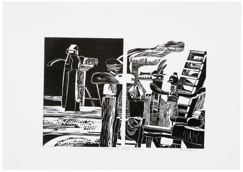 Click the image for a view of: Nhlanhla Xaba. Inside the artists studio. 1995. Linocut. AP. 455X640mm