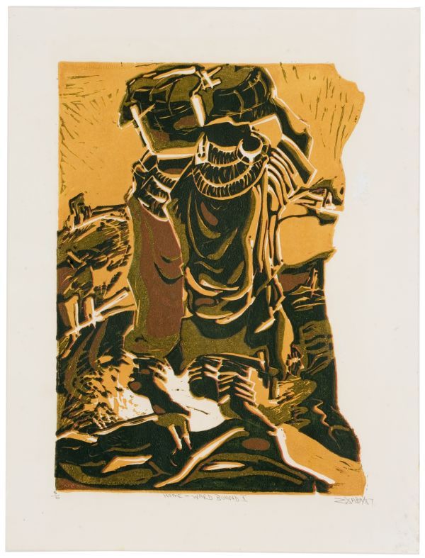 Click the image for a view of: Nhlanhla Xaba. Home-ward bound I. 1987. Colour reduction linocut. 5/6. 511X386mm