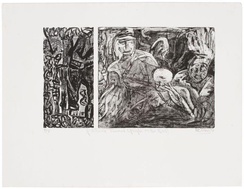 Click the image for a view of: Nhlanhla Xaba. Political turmoil (People on the boil). 1993. Sugarlift, drypoint, softground. AP. 500X654mm
