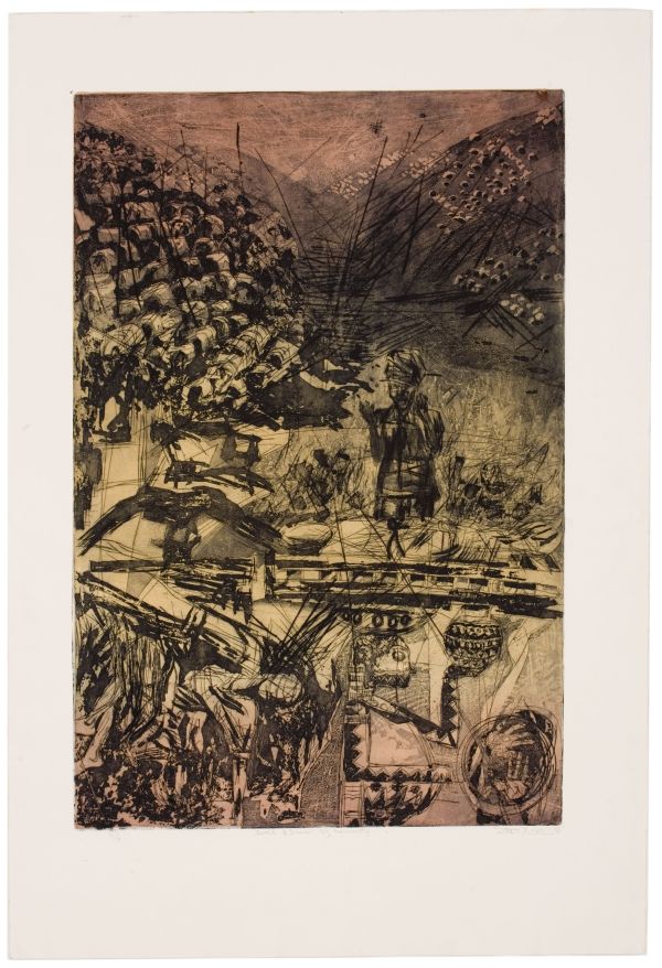Click the image for a view of: Nhlanhla Xaba. Dusk & Dawn of Humanity. 1998. Sugarlift, drypoint, aquatint, rainbow roll. 960X646mm