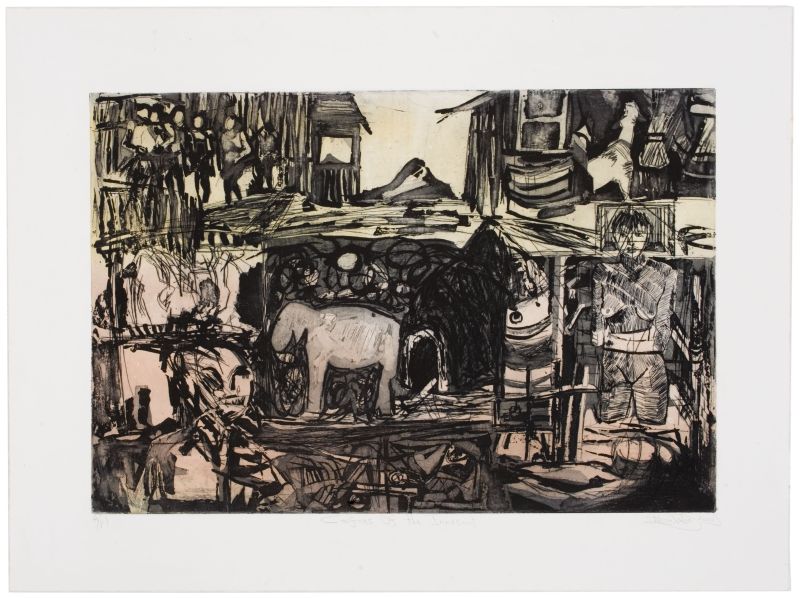 Click the image for a view of: Nhlanhla Xaba. Confines of the Innocent. 2002. Etching, surface roll. AP 1/1. 677X930mm