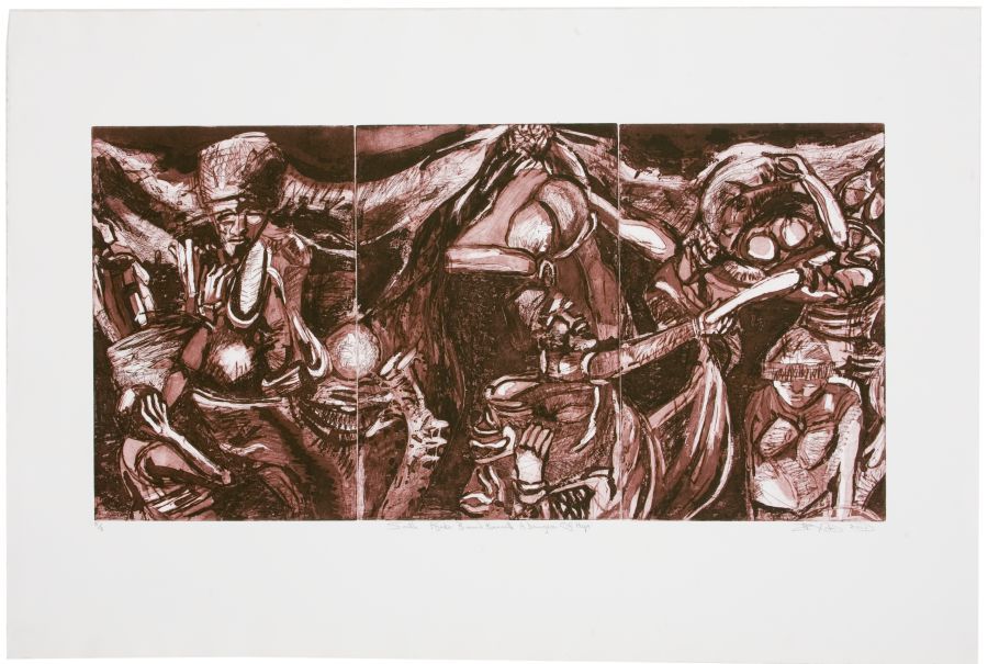 Click the image for a view of: Nhlanhla Xaba. South Afrika Bound Beneath a Dungeon of Hope. 2001. Etching, aquatint. 5/8. 810X1205mm