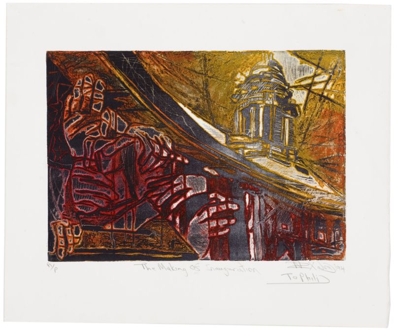 Click the image for a view of: Nhlanhla Xaba. The making of inauguration. 1994. Colour etching. AP. 378X454mm