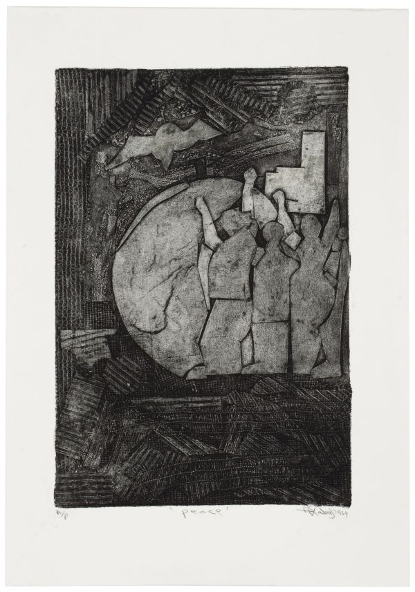 Click the image for a view of: Nhlanhla Xaba. Peace. 1994. Collograph. AP. 661X463mm