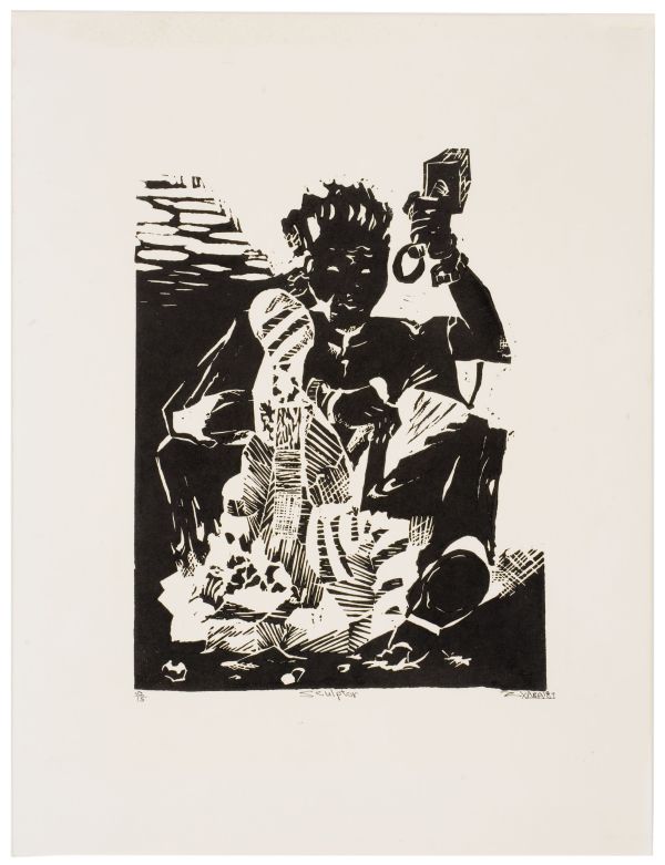 Click the image for a view of: Nhlanhla Xaba. Sculptor. 1987. Linocut. 10/15. 510X387mm