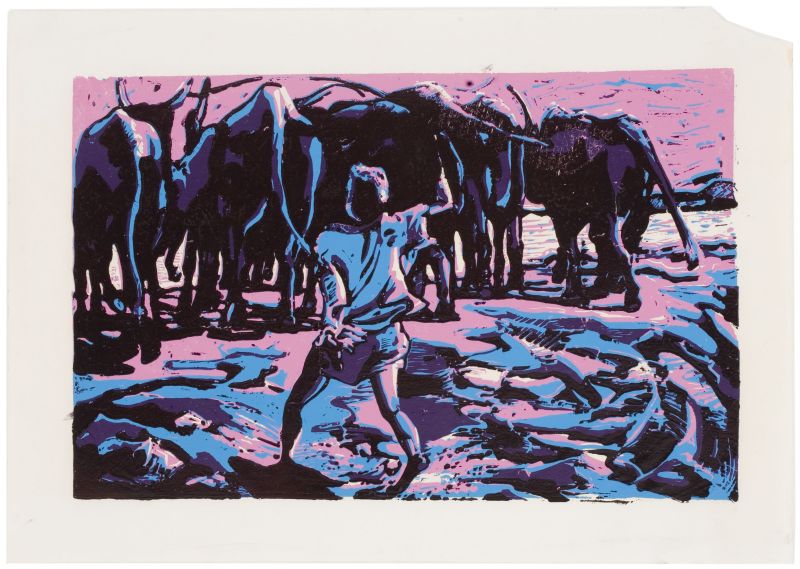 Click the image for a view of: Nhlanhla Xaba. (Homeward bound II). Reduction linocut. 420X590mm