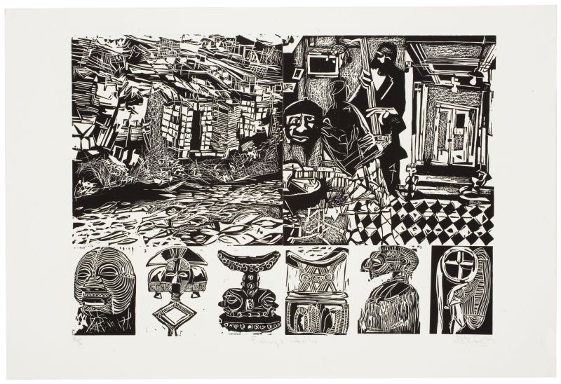 Click the image for a view of: Nhlanhla Xaba. Fishing & Shelter. 2001. Linocut. 2/3. 535X785mm