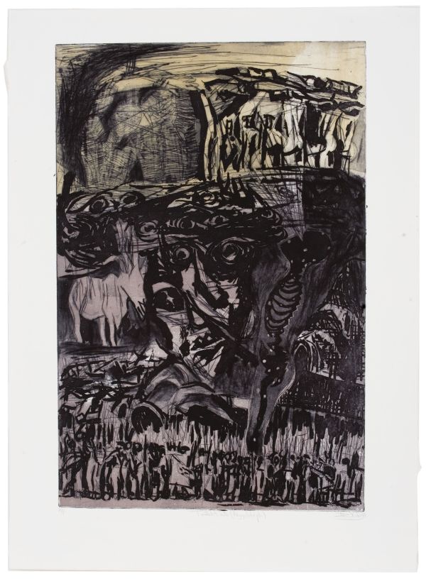 Click the image for a view of: Nhlanhla Xaba. Twisted faith (Ngiyolala phi). 1998. Drypoint, sugarlift, rainbow roll. AP.895 X 670mm