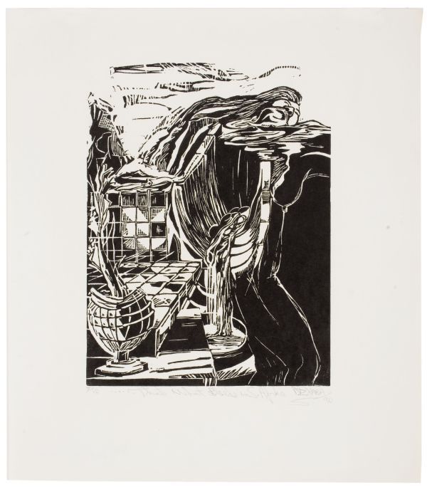 Click the image for a view of: Nhlanhla Xaba. ...That s What Bleeds in S. Afrika. 1990. Linocut. 7/10. 581X510mm