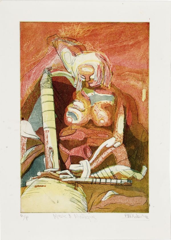 Click the image for a view of: Nhlanhla Xaba. Music & Mystique. 1992. Etching. AP. 368X262mm