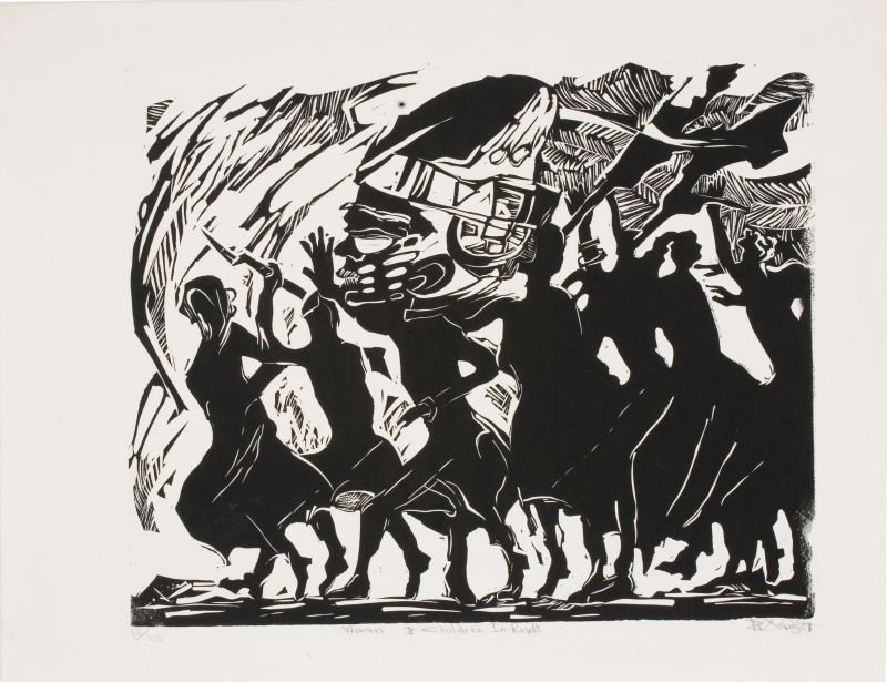 Click the image for a view of: Nhlanhla Xaba. Woman & Children In Revolt. 1987. Linocut. 12/20. 498X650mm