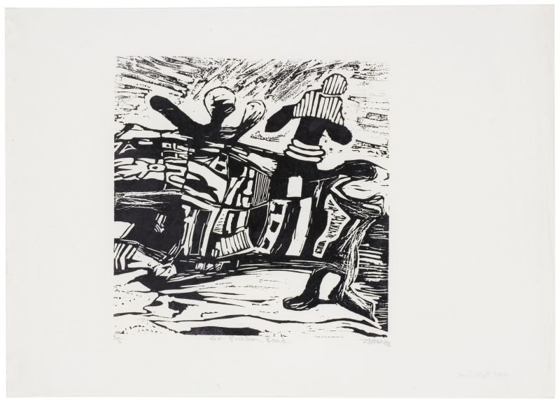 Click the image for a view of: Nhlanhla Xaba. On freedom road... 1988. Linocut. 2/5. 420X594mm