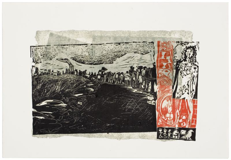 Click the image for a view of: Nhlanhla Xaba. Aids - Exodus. Collograph. 539X783mm