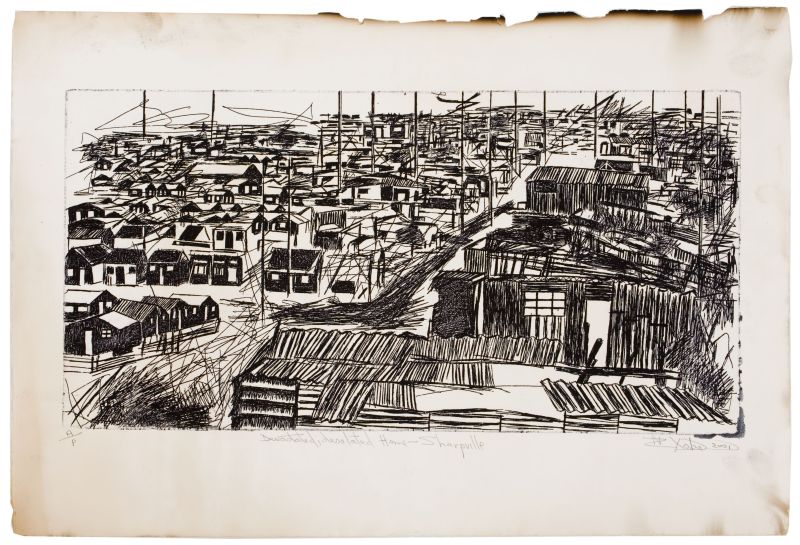 Click the image for a view of: Nhlanhla Xaba. Devastated, desolate home - Sharpville. 2001. Etching. AP. 380X565mm
