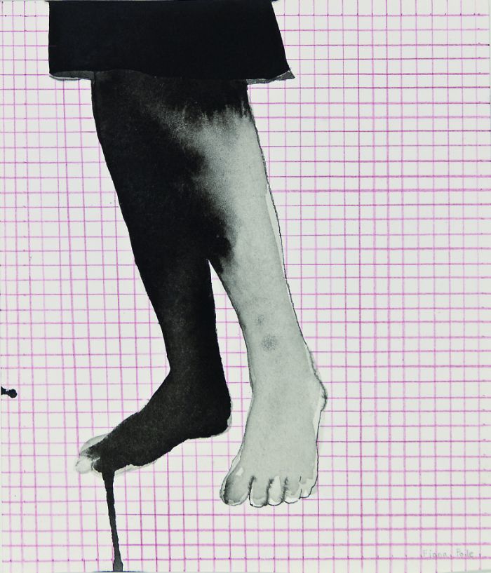Click the image for a view of: Girl standing: Black feet. 2012. Ink, coloured pencil on paper. 194X163mm