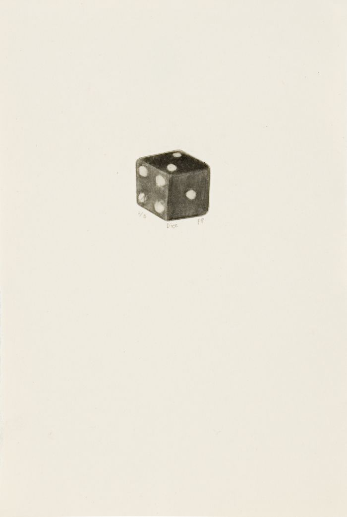 Click the image for a view of: Small object: Dice. 2011. Etching with roulette wheel. Edition 15. 185X132mm