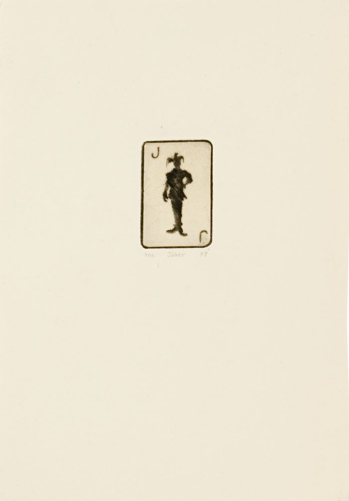 Click the image for a view of: Small object: Joker. 2011. Etching with roulette wheel. Edition 15. 171X114mm