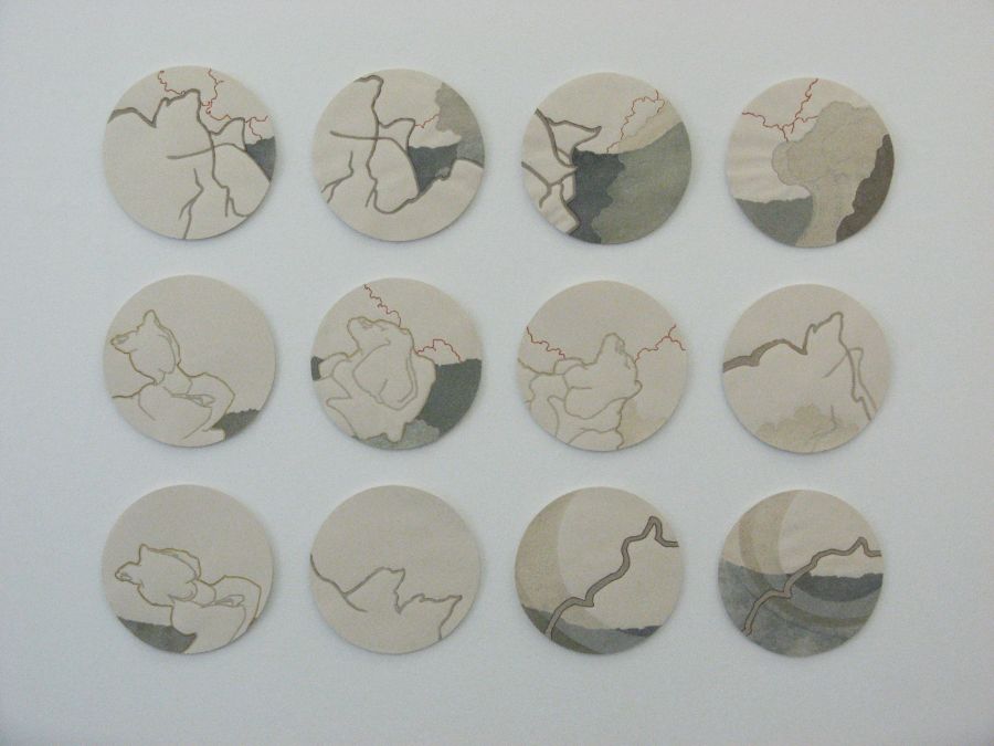 Click the image for a view of: Beast, Enraged, Rises And Becomes Vapour. 2012. Wool dust on paper. Diameter each tondo 370mm