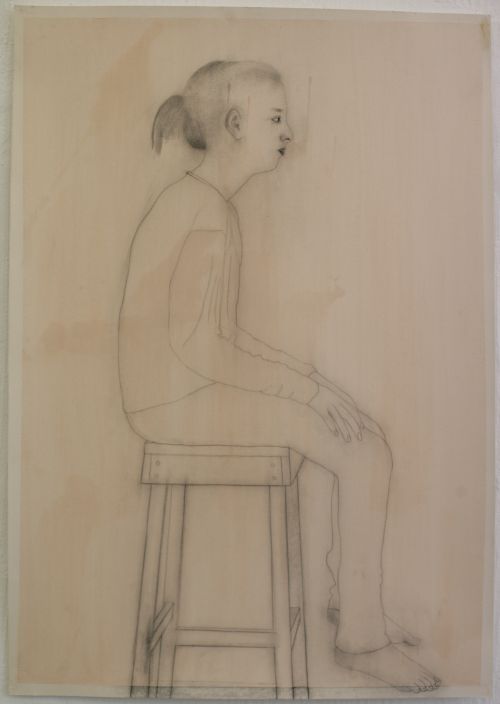 Click the image for a view of: Untitled waits. 2011. Charcoal, pencil on Fabriano paper primed  with rabbit-skin glue mixed with gouache