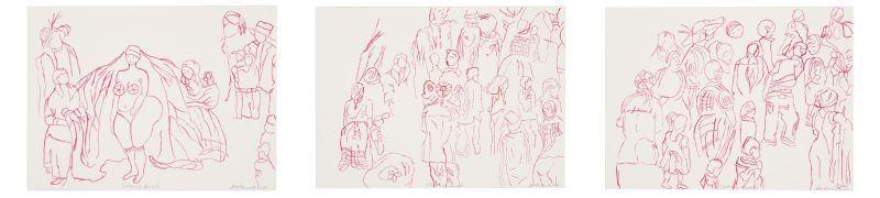 Click the image for a view of: Covering Sarah triptych. 2011. Cotton thread on fabric. 340X1200 framed